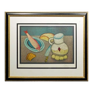 Mikail Chemiakin "Still Life With Fish, Bread and Knife" 1978 Custom Framed For Sale