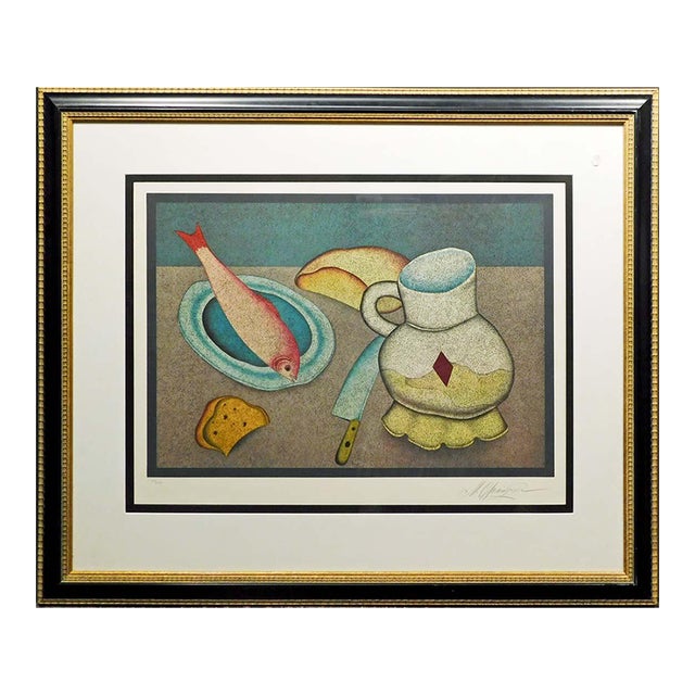 Mikail Chemiakin "Still Life With Fish, Bread and Knife" 1978 Custom Framed For Sale
