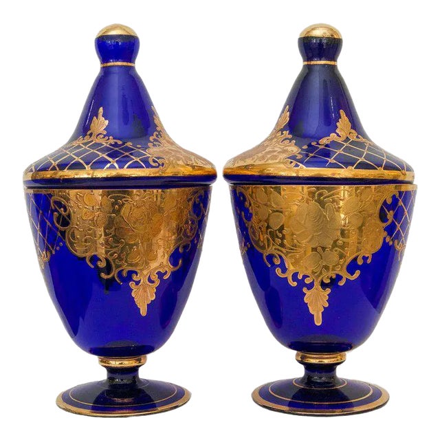 1960s Cobalt Blue & Gold Murano Glass Urns - a Pair For Sale