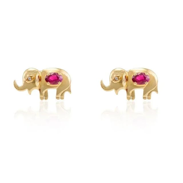 Not Yet Made - Made To Order 18k Solid Gold Art Deco Elephant Earrings With Ruby & Diamonds- A Pair For Sale - Image 5 of 11