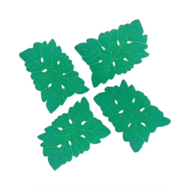 Set 4 Green Leaf Christmas Holiday Cocktail Napkins Linen For Sale - Image 12 of 12