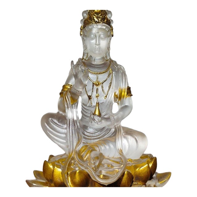 Vintage Liuli Crystal Lotus Guanyin Statue With Gilt Accents and Original Silk Box For Sale
