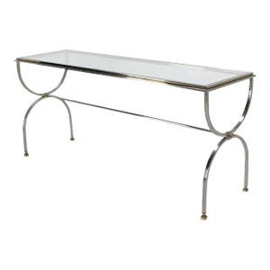 Chrome Brass U Shape Base Glass Top Long Rectangle Console Sofa Table