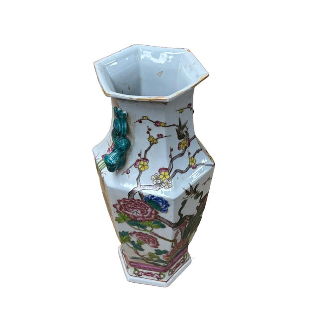Asian Oriental Hexagonal Floral Peacocks Graphic Porcelain Art Vase For Sale - Image 3 of 7