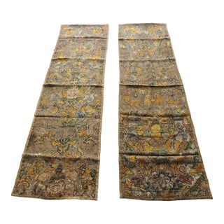 Antique Yellow and Green Embroidered Wall Hanging or Portiere Panels - Set of 2 For Sale