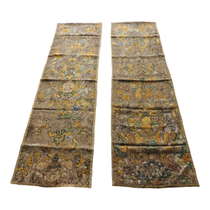 Antique Yellow and Green Embroidered Wall Hanging or Portiere Panels - Set of 2