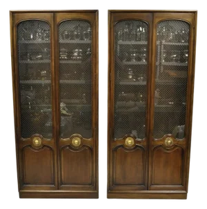 Vintage French Country Dark Cherry Wood Tall Lighted Curio Display Cabinet Pair