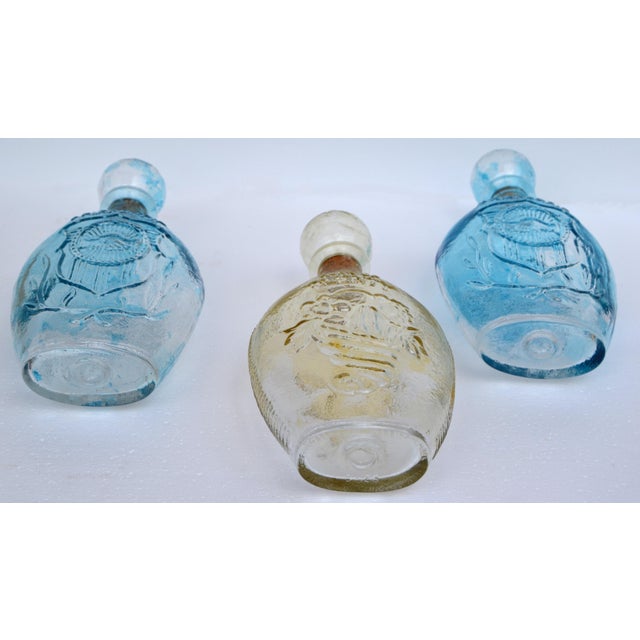 Mid-20th Century American Blown Glass Flasks Decanter Bottles Friendship Horn of Plenty Blue Amber - Set of 3 For Sale - Image 16 of 18