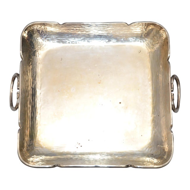 1970s Serving Tray Handles Silver Plated Hammered Steel Mid-Century Modern For Sale