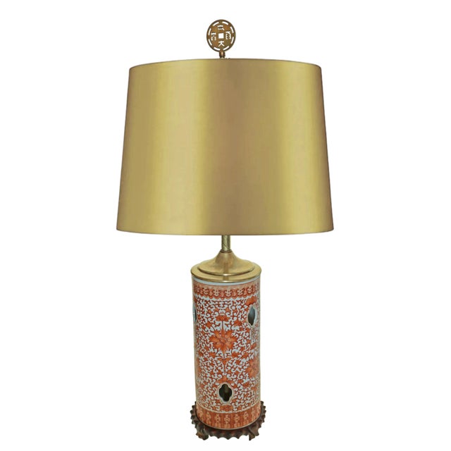 Wood Chinese Hat Stand Table Lamp Bat Decor Iron Red Enamel Good Fortune Circa Republic Period For Sale - Image 7 of 9