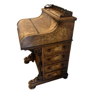 Antique Victorian Burr Walnut Floral Marquetry Piano Top Davenport Desk, 1850 For Sale