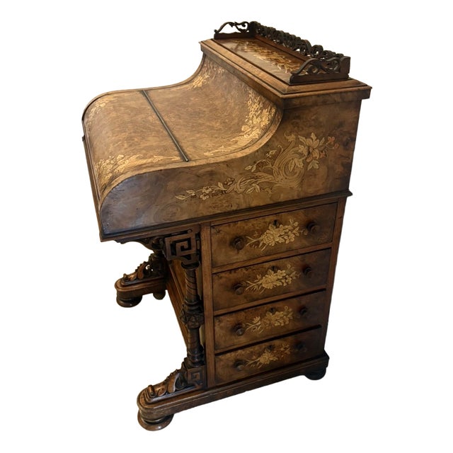 Antique Victorian Burr Walnut Floral Marquetry Piano Top Davenport Desk, 1850 For Sale