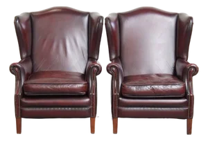 Burgundy Red Cowhide Wing Chairs, Set of 2