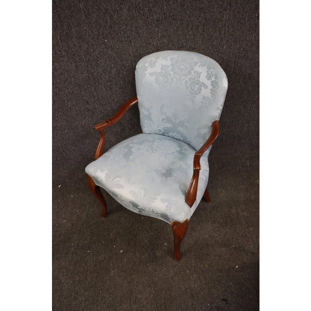 Queen Anne Queen Anne Mahogany Blue Damask Open Arm Chair For Sale - Image 3 of 7