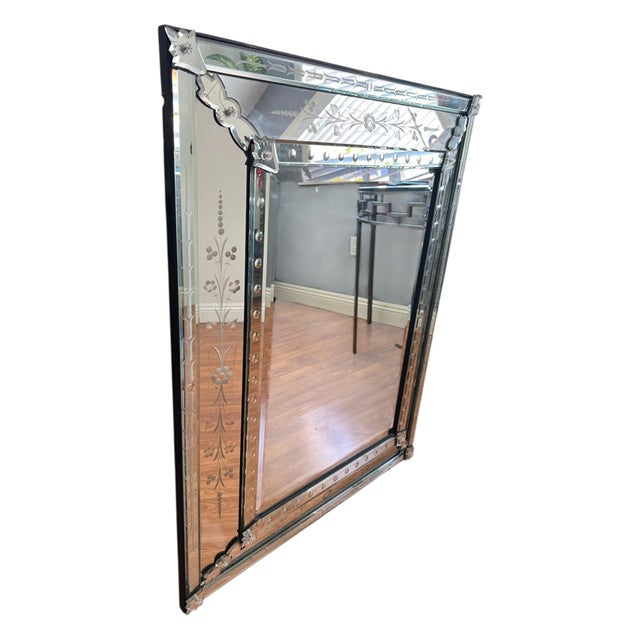1980s 1980s Venetian Etched Glass Wall Mirror – Floral Beveled Rectangular Design For Sale - Image 5 of 11