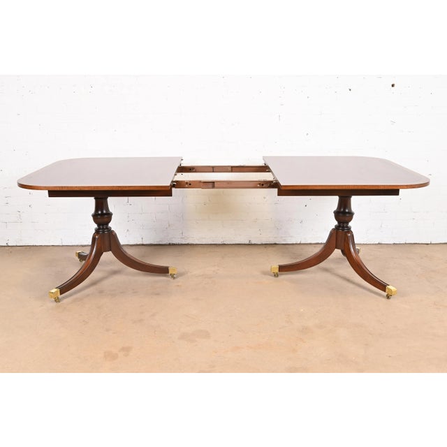 Baker Furniture Style Georgian Banded Mahogany Double Pedestal Extension Dining Table, Newly Refinished For Sale - Image 9 of 12