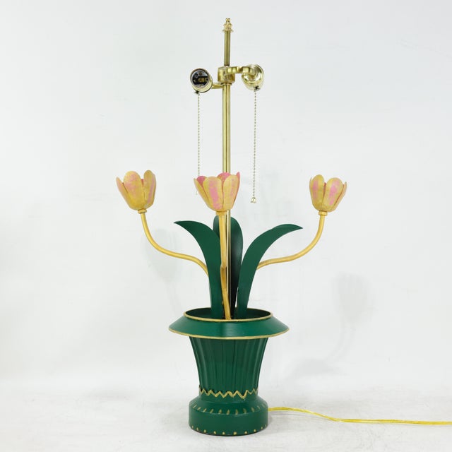 Metal Vintage Brunschwig & Fils Green Tole Flower Table Lamps, Yellow and Pink Tulip Design - a Pair For Sale - Image 7 of 11