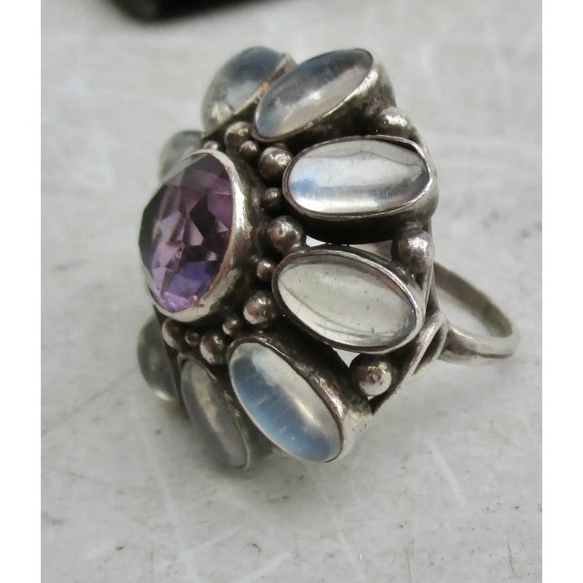 1930s Amythest and MoonStone Floral Silver Cocktail Ring For Sale - Image 5 of 7