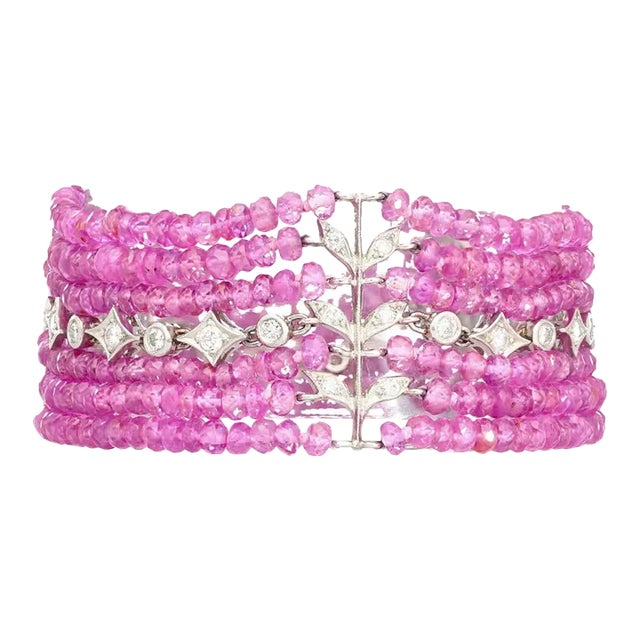 Vintage Platinum Diamond & Pink Sapphire Bead Bracelet For Sale