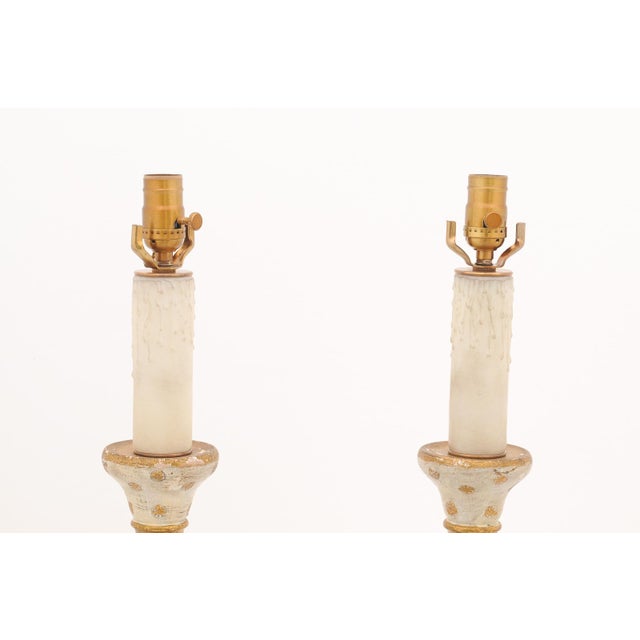 Italian 1940s Large Italian Gilt & Hand-Painted Candlestick Lamps For Sale - Image 3 of 12
