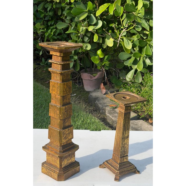 Vintage Brutalist Gilt Faux Bois Sculptural Candleholders, Graduated Pair For Sale - Image 4 of 12