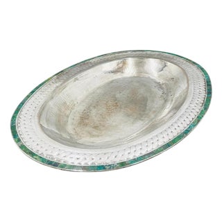 1980s Massive Emilia Castillo Silver Plate & Malachite Taxco Serving Bowl, Hand Signed For Sale