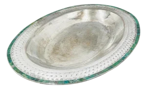 1980s Massive Emilia Castillo Silver Plate & Malachite Taxco Serving Bowl, Hand Signed