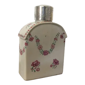 Antique 18th Century Chinese Export Porcelain Tea Caddy with Silver Lid in Famille Rose Glaze