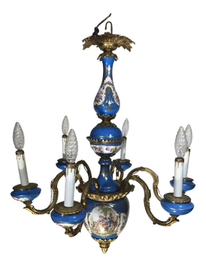 1930s French Gilt Bronze Porcelain Ormolu Chandelier