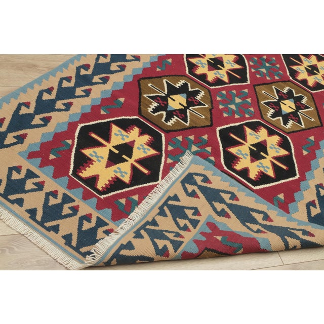 1970s Scandinavian Style Geometric Design Red Handmade Oushak Kilim Runner Rug For Sale - Image 10 of 12