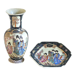 Vintage Japanese Royal Satsuma Hand-Painted Vase & Octagonal Plate – Set of 2