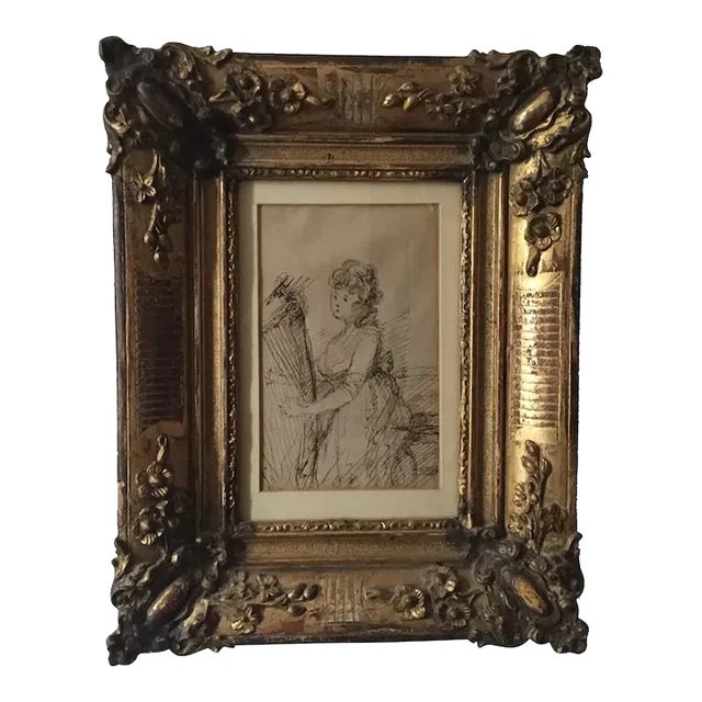 Late 19th Century French Belle Epoque Drawing of a Seated Classical Lady Playing the Harp by Constantine Guys, Framed For Sale