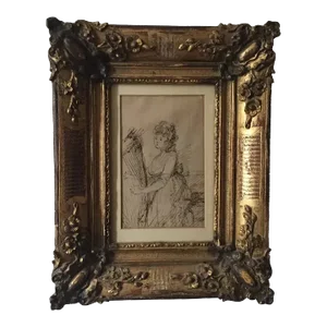 Late 19th Century French Belle Epoque Drawing of a Seated Classical Lady Playing the Harp by Constantine Guys, Framed