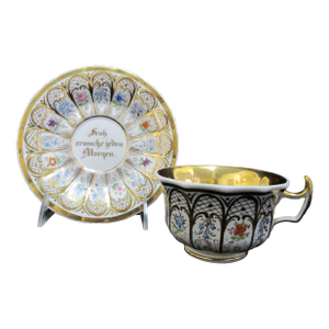KPM Hand Painted Gilt Flower Wake Up Happy Every Morning Porcelain Cup & Saucer