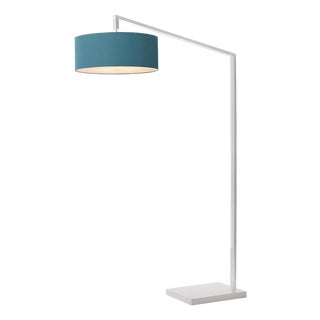 Stretch 75"h 1-Light Chairside Arc Lamp, Turquoise Linen Shade, White Body, Dimmable, for Living Room or Bedroom For Sale