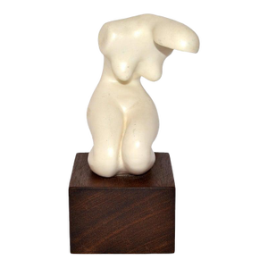 1970s Mid-Century Modern Kneeling Nude Ceramic Female Sculpture Rosewood Base