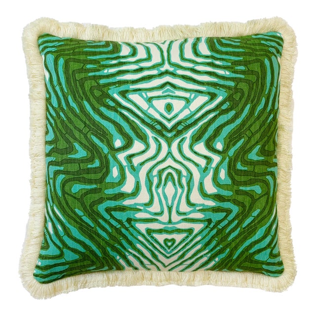 “Wavelength” Verde Sustainably Handprinted on Hemp/Cotton Twill Pillow Cover For Sale