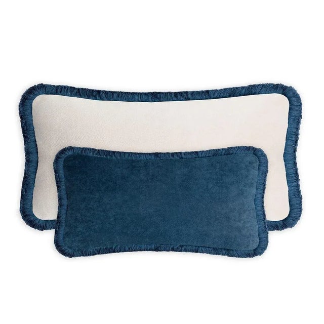 Couple Happy Pillow in Blue and White Velvet with Fringes from Lo Decor, Set of 2 For Sale - Image 9 of 9