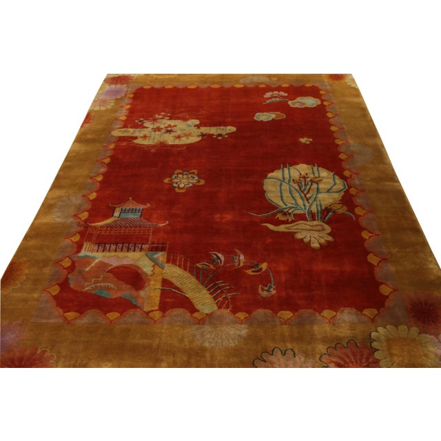 Depicting an attractive pictorial representation of classic Chinese temple and floral imagery, a vintage 9x11 Art Deco...