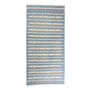 1950s Vintage Dhurrie Flat Weave in Blue and Off-White Stripes by Rug & Kilim For Sale