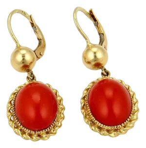 Blood Coral Oval Dangle 18k Yellow Gold Earrings