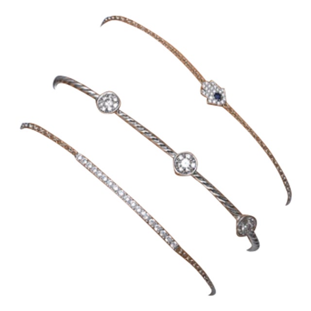 Curated Diamond Bracelet Stack – Rhodium Plated Sterling Silver Pavé Diamond Hamsa, Diamond Bar & Three-Station Bracelet Set - Brand New, Never Worn For Sale