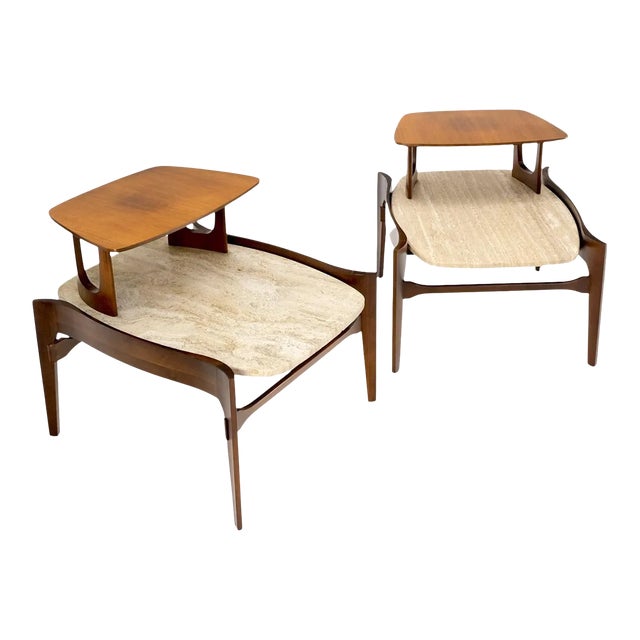 Pair Walnut Travertine Tops Step Side End Tables Bertha Schaefer Singer Sons For Sale