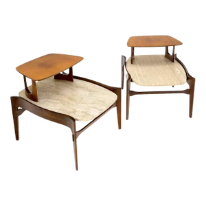 Pair Walnut Travertine Tops Step Side End Tables Bertha Schaefer Singer Sons