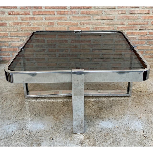 Mid 20th Century Mid 20th Century Square Smoked Glass and Steel Coffee or Side Table with Four Nesting Stools, 197 For Sale - Image 5 of 18