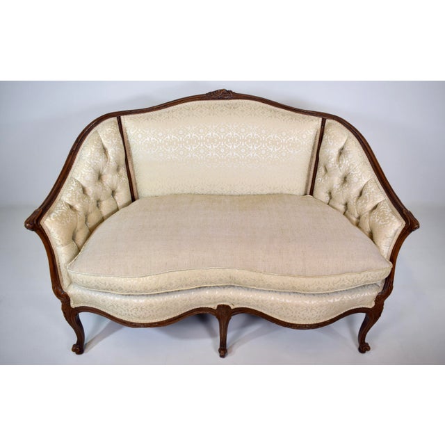 Early 20th C. Louis XV style Canape loveseat settee in tufted brocade with plush goose down loose cushion, wrap around...