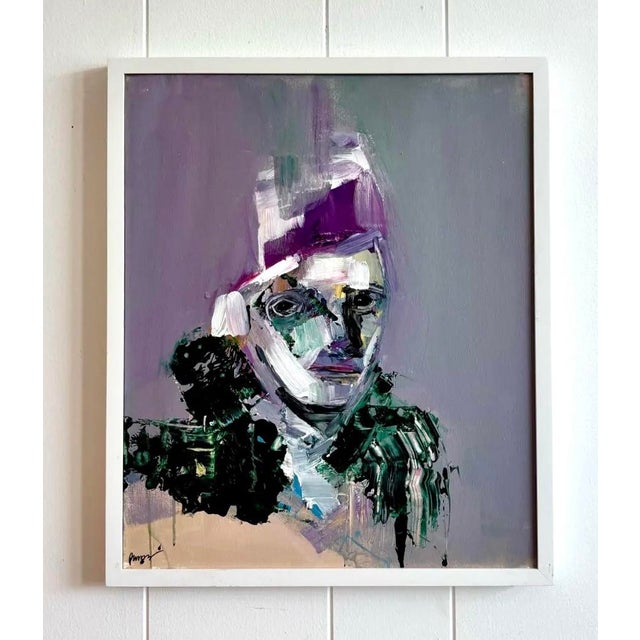 Early 21st Century Vintage Boho Abstract Purple Tone Painting in White Frame For Sale - Image 5 of 7