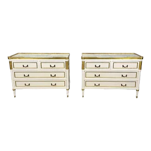 Louis XVI Hollywood Regency Maison Jansen Style White Commodes / Nightstands