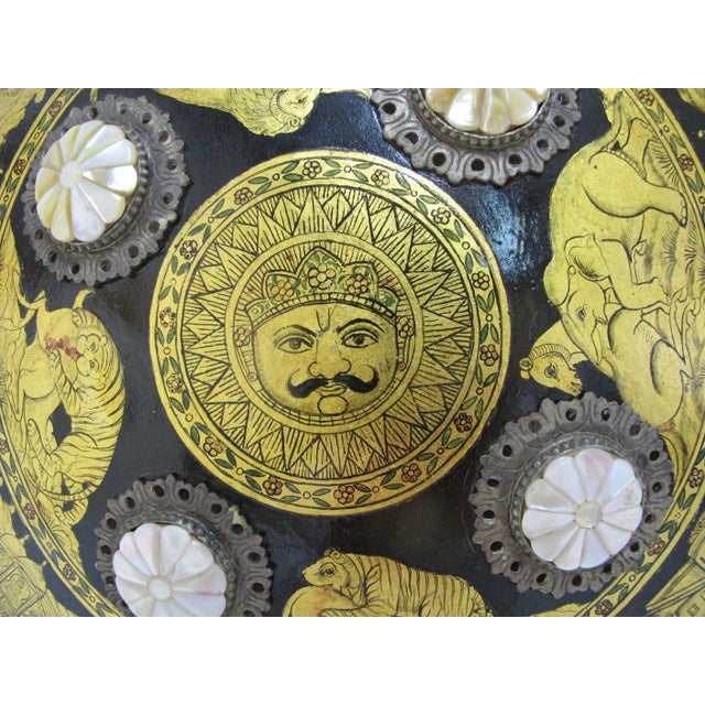 Indian Ceremonial Rajput Dhal Shield Intricate Gold Painted Hunting Scenes For Sale - Image 18 of 18