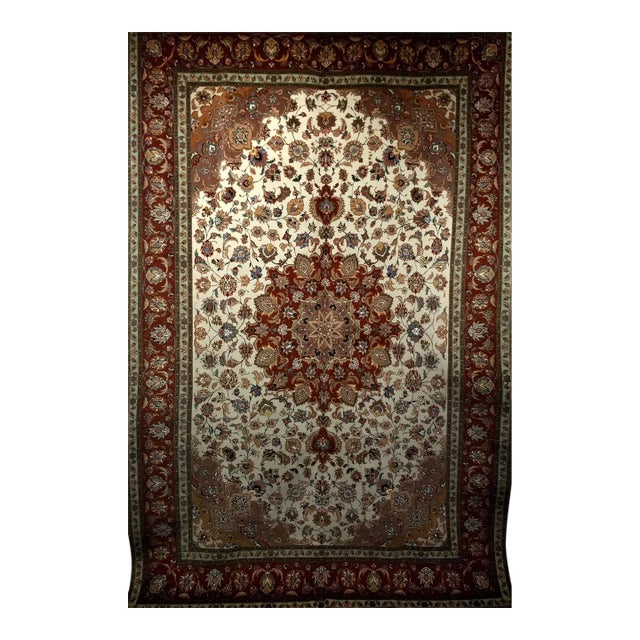 Fine Tabriz Shirfar Rug, Hand-Knotted Wool & Silk, Floral Pattern, Ivory & Chocolate, 7x10 For Sale